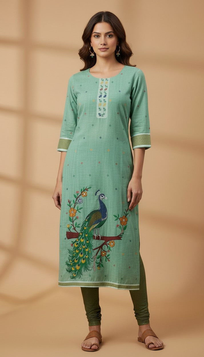 Sea Green Peacock Printed Pigment Silk Kurti