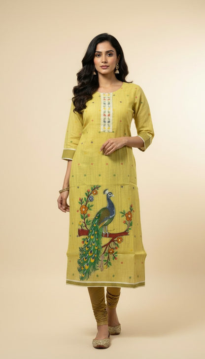 Lime Yellow Peacock Printed Pigment Silk Kurti