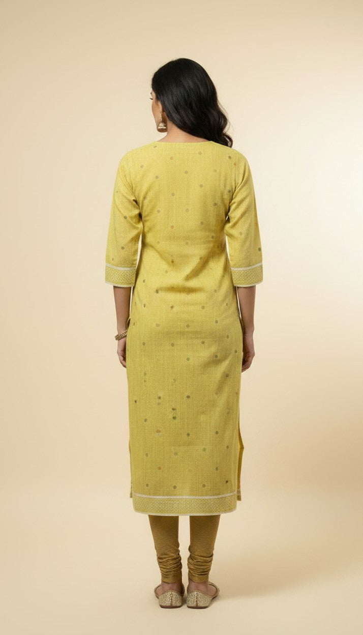Lime Yellow Peacock Printed Pigment Silk Kurti