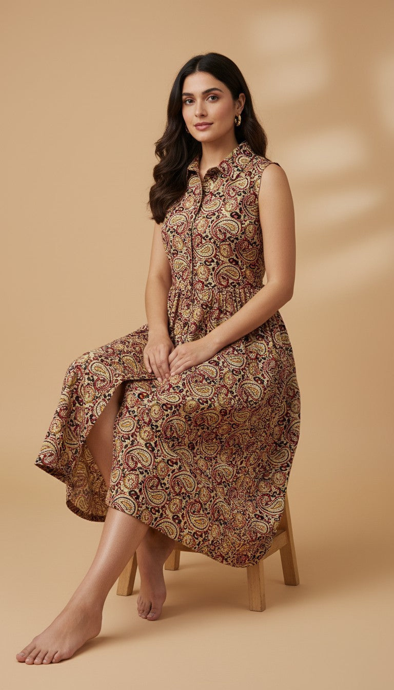 Kalamkari Paisley Printed Cotton Shirt Dress