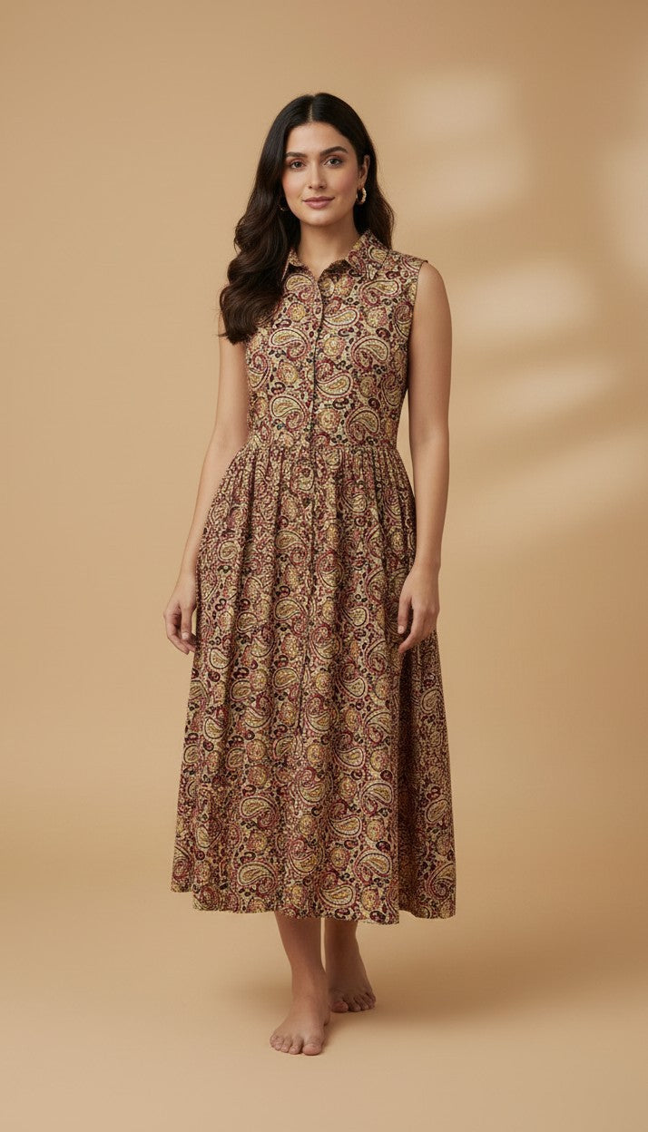 Kalamkari Paisley Printed Cotton Shirt Dress