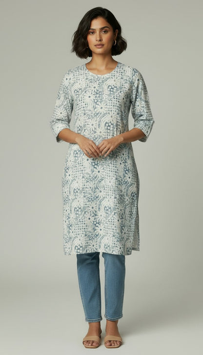 Midnight Bloom Floral Rayon Kurti