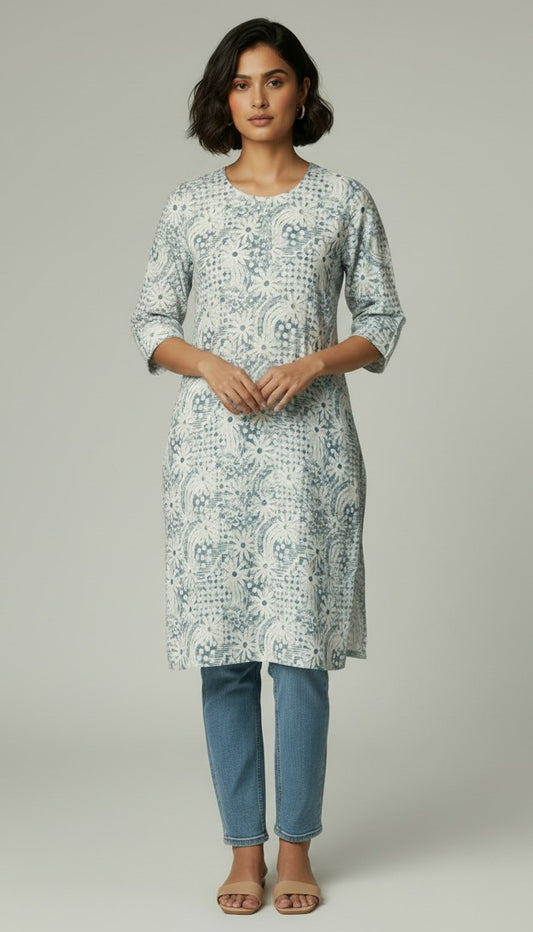 Midnight Bloom Floral Rayon Kurti