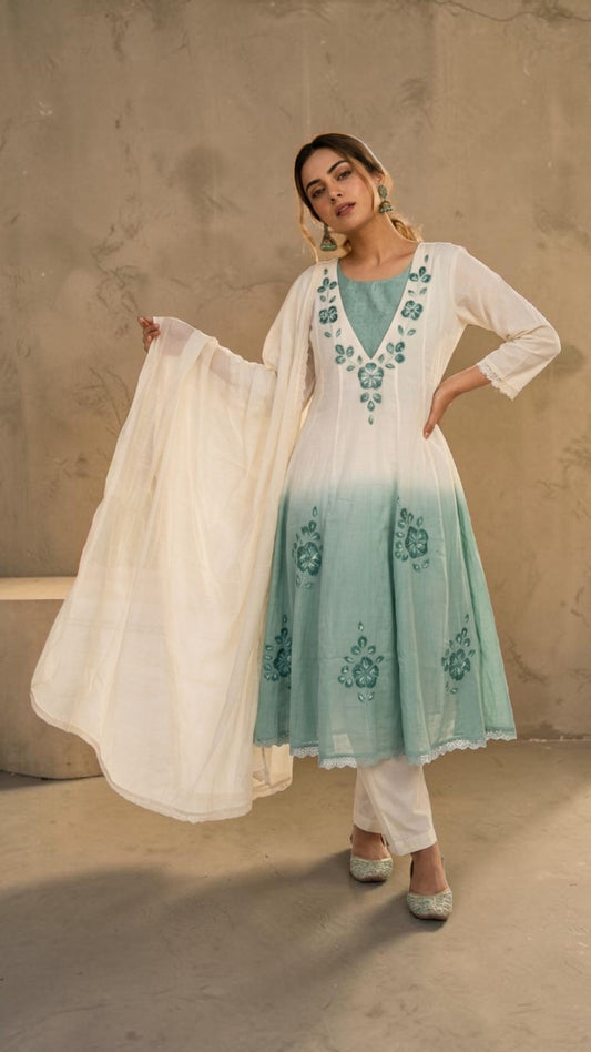 Embroidered Mul Cotton Ombre Anarkali 3-Piece Suit Set