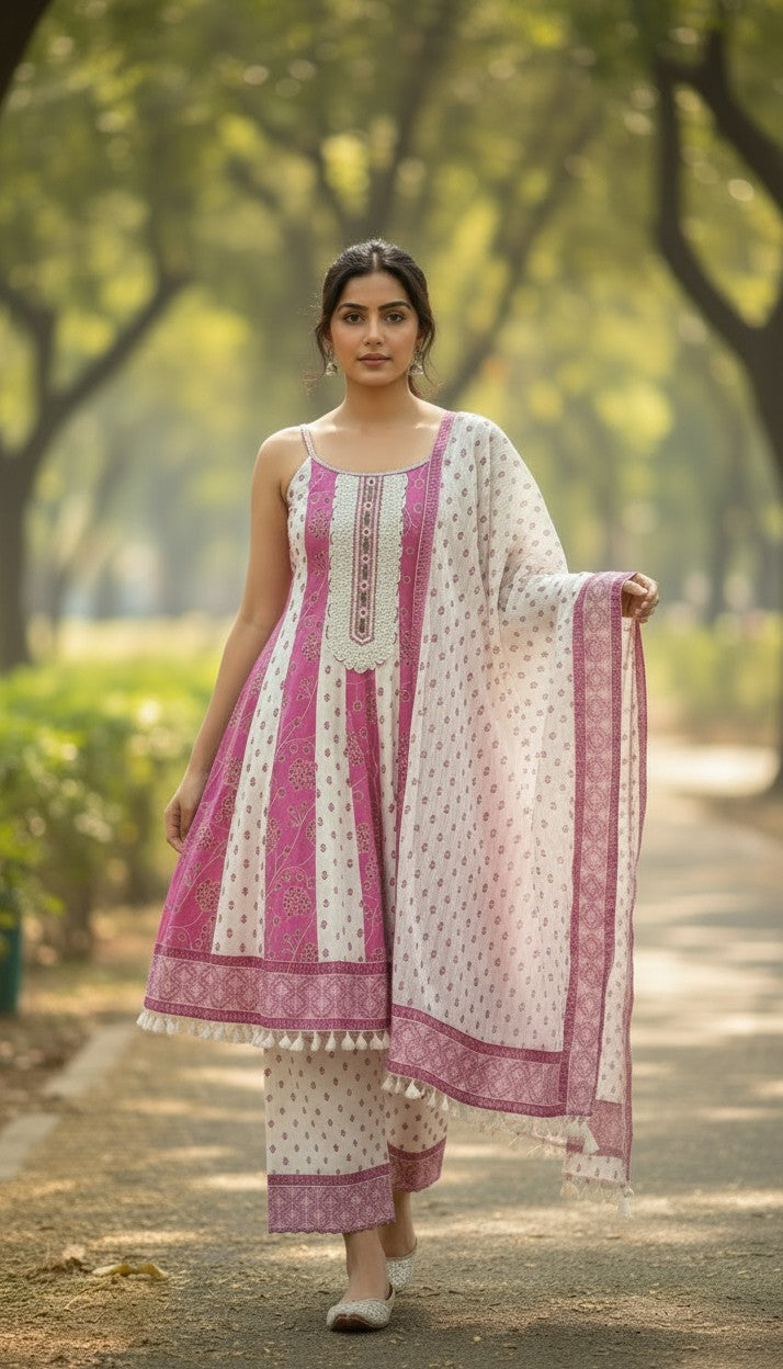 Magenta Block Print Sleeveless pure cotton Anarkali 3-Piece Suit with Stonework & Palazzo