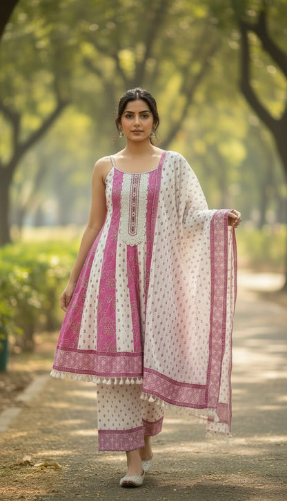 Magenta Block Print Sleeveless pure cotton Anarkali 3-Piece Suit with Stonework & Palazzo