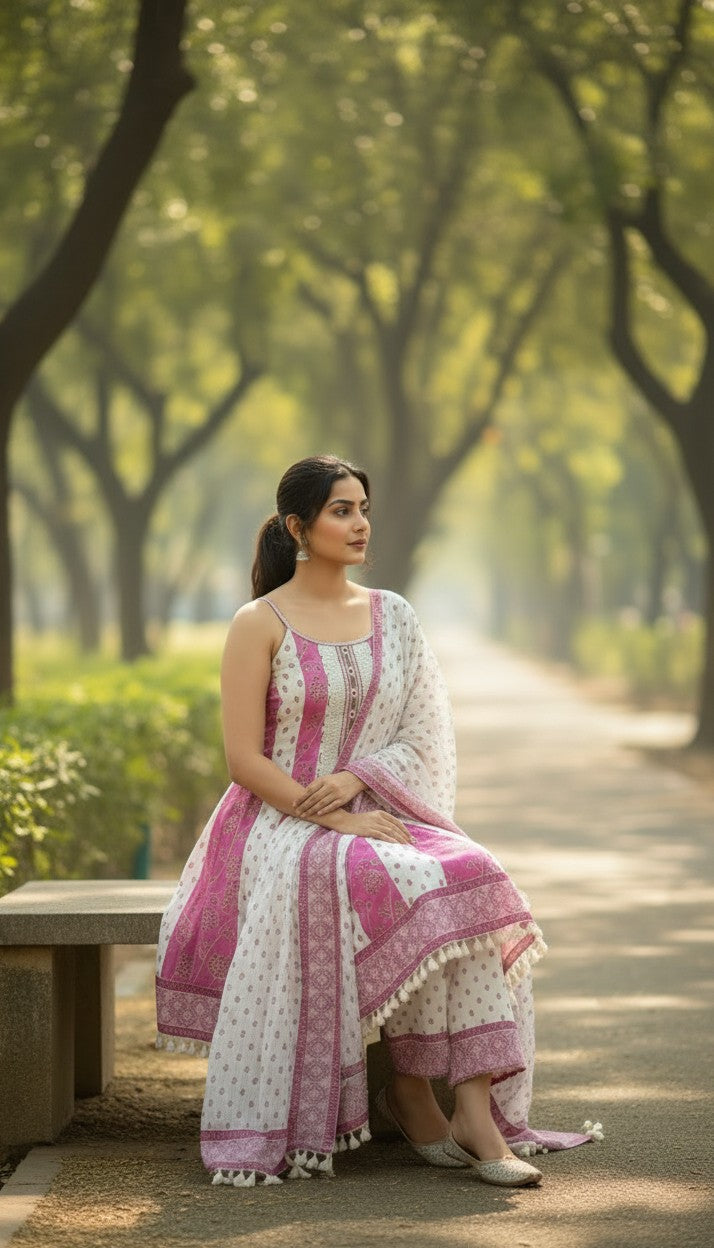 Magenta Block Print Sleeveless pure cotton Anarkali 3-Piece Suit with Stonework & Palazzo