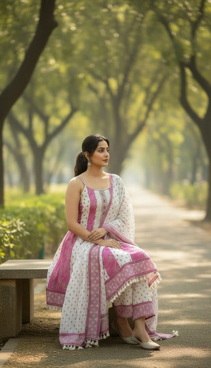 Magenta Block Print Sleeveless pure cotton Anarkali 3-Piece Suit with Stonework & Palazzo