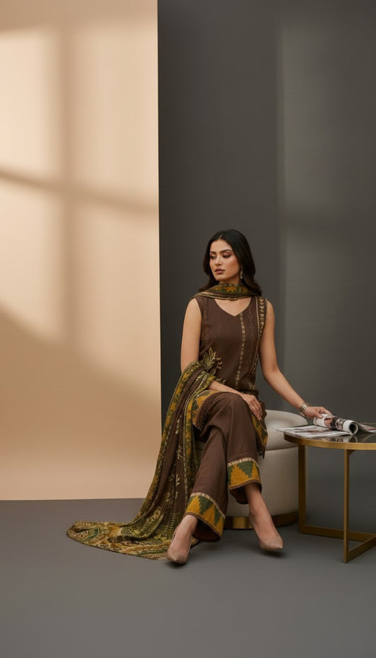 The Earth & Ochre Yellow Pure Crepe Sleeveless 3-Piece Suit Set