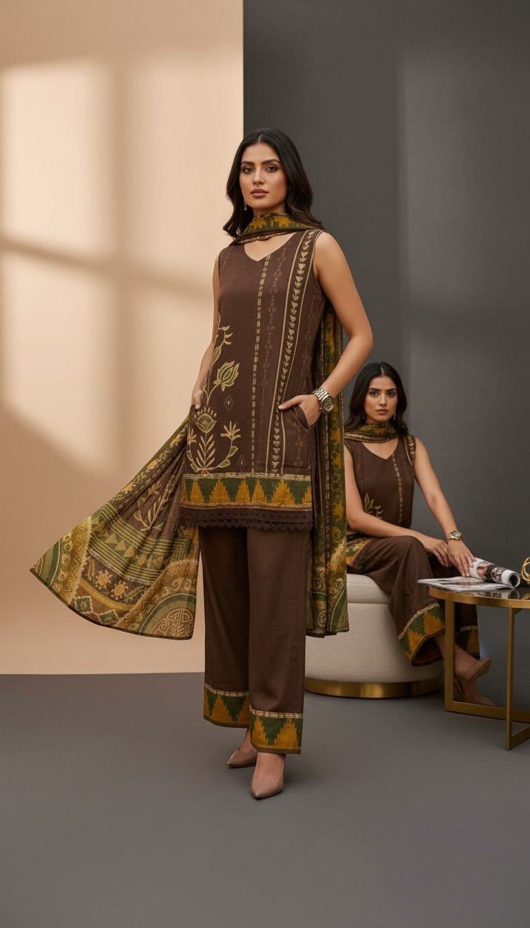 The Earth & Ochre Yellow Pure Crepe Sleeveless 3-Piece Suit Set