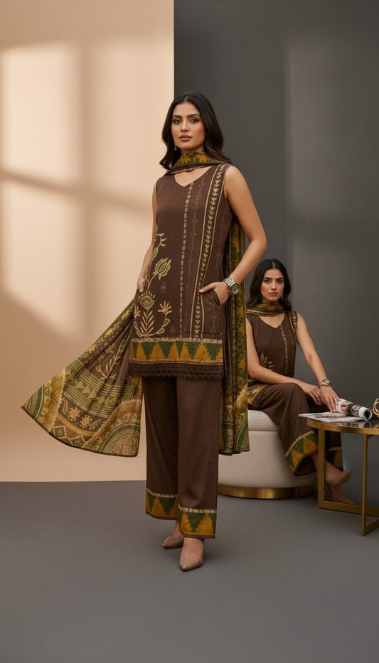 The Earth & Ochre Yellow Pure Crepe Sleeveless 3-Piece Suit Set