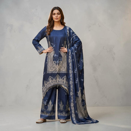 Navy Blue Silk-Nylon A-Line 3-Piece Suit with Mirror Work & Cowrie Shells