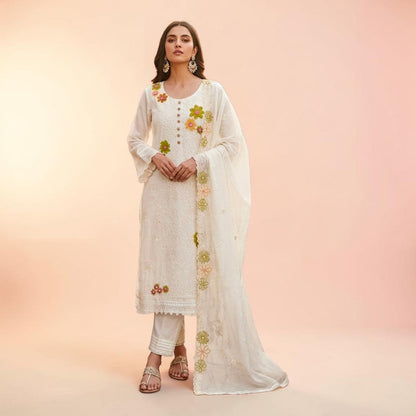 Pure Viscose Embroidered 3-Piece Suit – White Floral Elegance