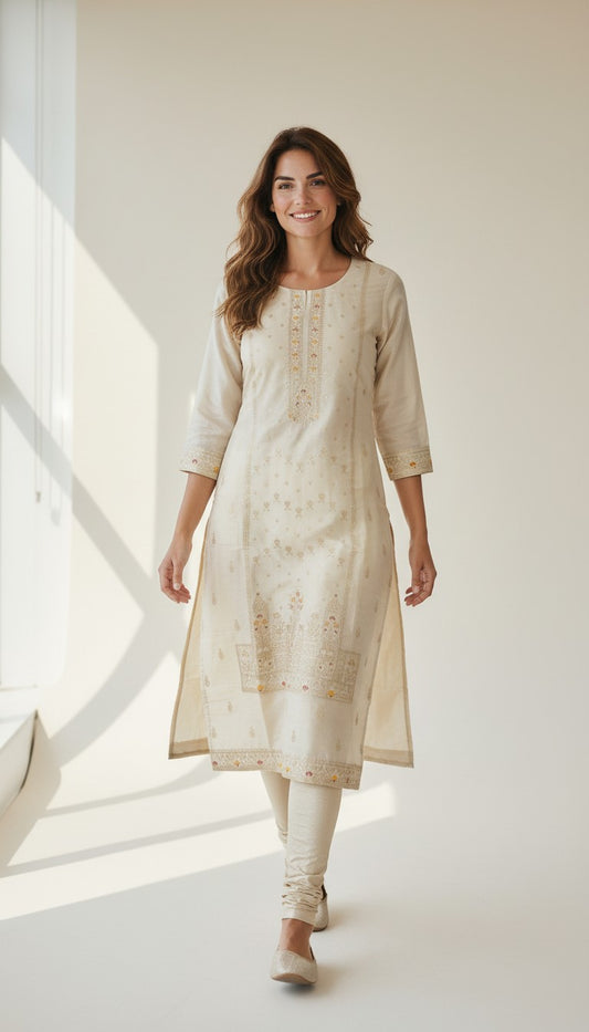 Ivory Radiance Embroidered Silk Kurti