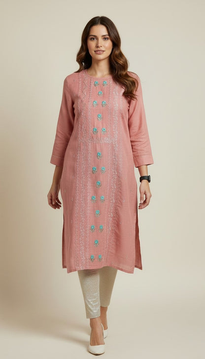 Elegant Rose Pink Roman Silk Kurti with Turquoise Floral Embroidery