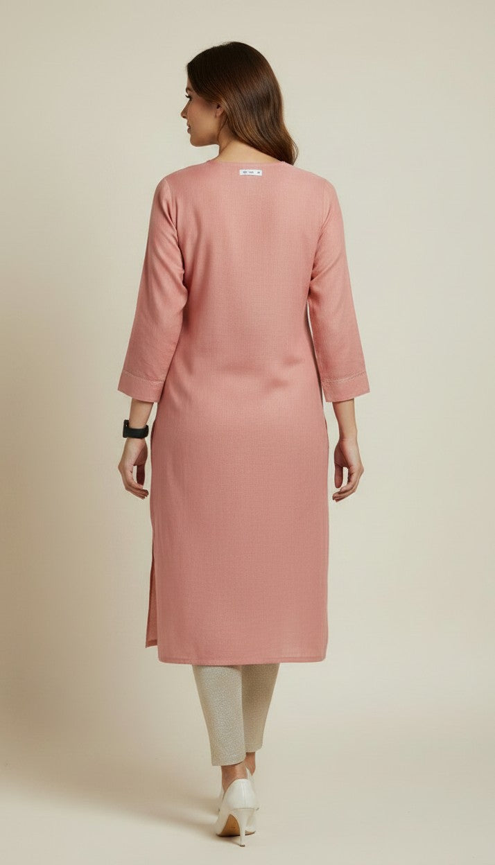 Elegant Rose Pink Roman Silk Kurti with Turquoise Floral Embroidery