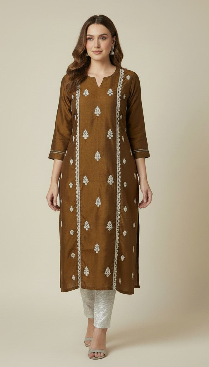 Elegant Coffee Brown Rangeela Silk Kurti with Silver Floral Embroidery