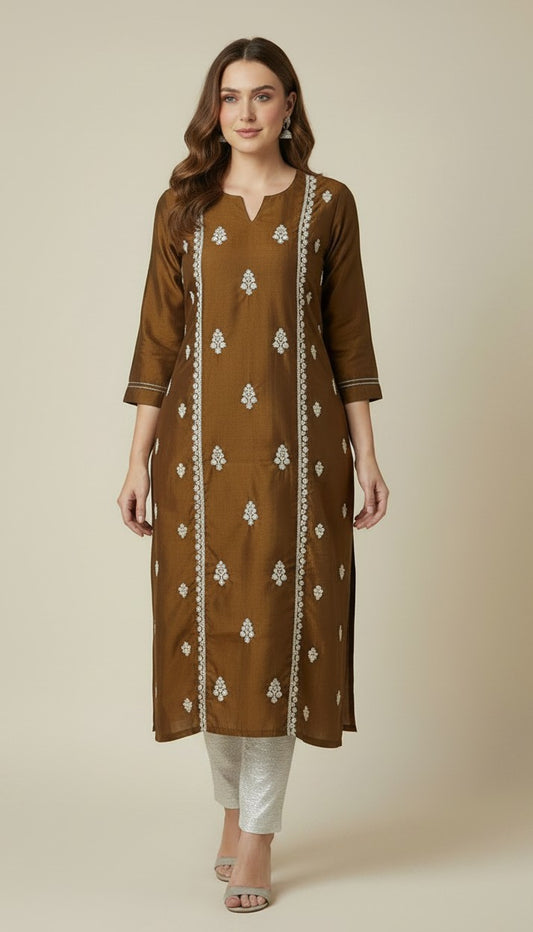 Elegant Coffee Brown Rangeela Silk Kurti with Silver Floral Embroidery