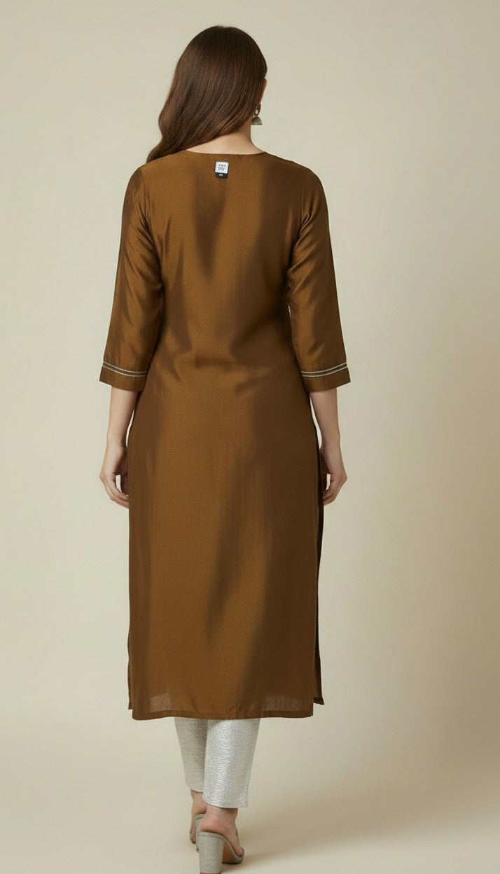 Elegant Coffee Brown Rangeela Silk Kurti with Silver Floral Embroidery