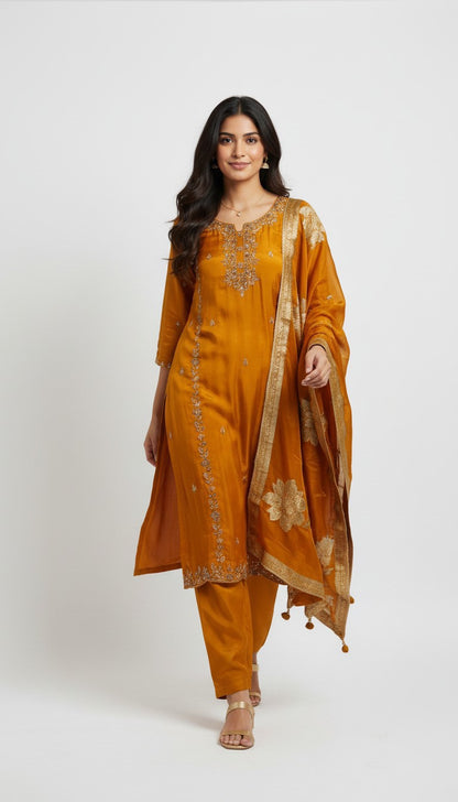 Elegant Rust Orange Embroidered 3-Piece Party Wear Suit