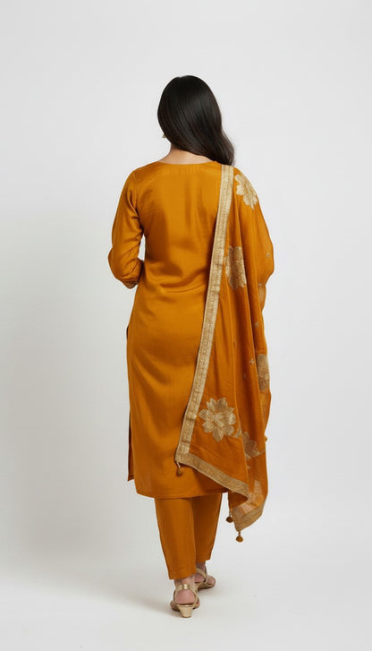 Elegant Rust Orange Embroidered 3-Piece Party Wear Suit