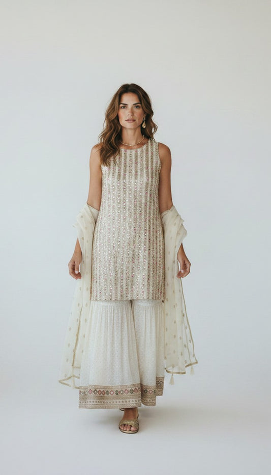 Ivory Elegance 3-Piece Shimmering Gharara Set – Sleeveless Muted Gold Kurti with Mirror Work & Dupatta
