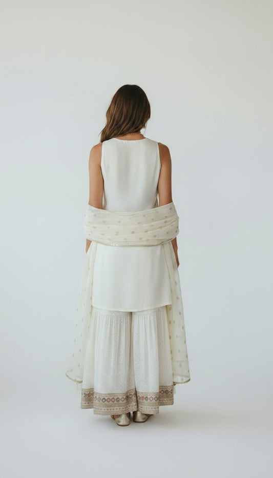 Ivory Elegance 3-Piece Shimmering Gharara Set – Sleeveless Muted Gold Kurti with Mirror Work & Dupatta