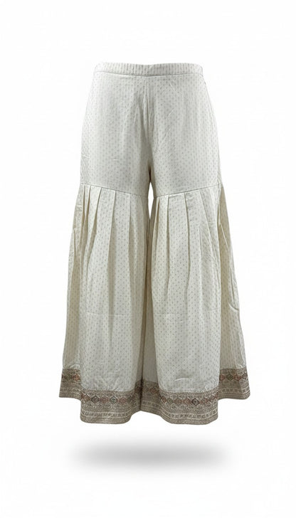 Ivory Elegance 3-Piece Shimmering Gharara Set – Sleeveless Muted Gold Kurti with Mirror Work & Dupatta