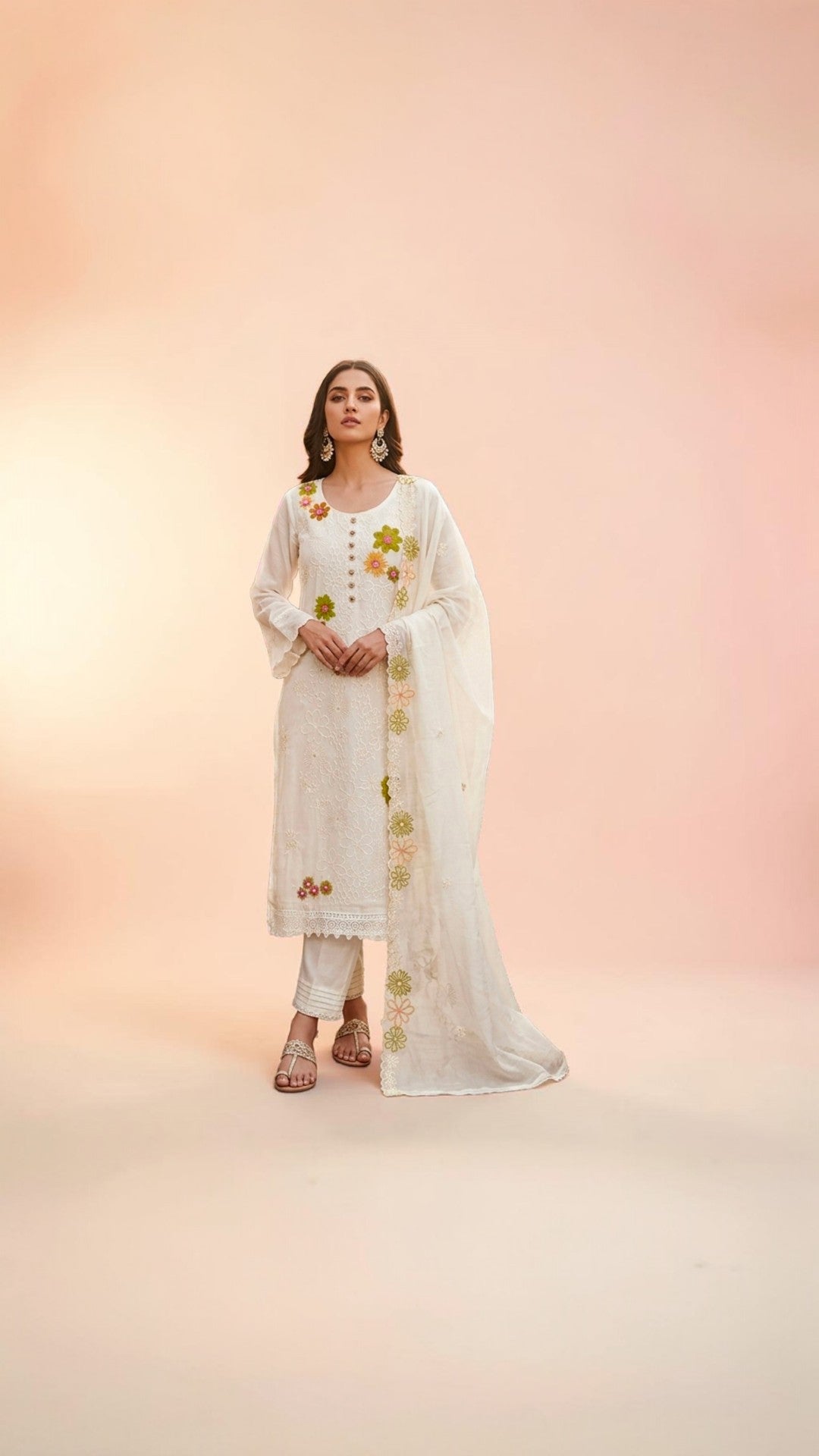 Pure Viscose Embroidered 3-Piece Suit – White Floral Elegance