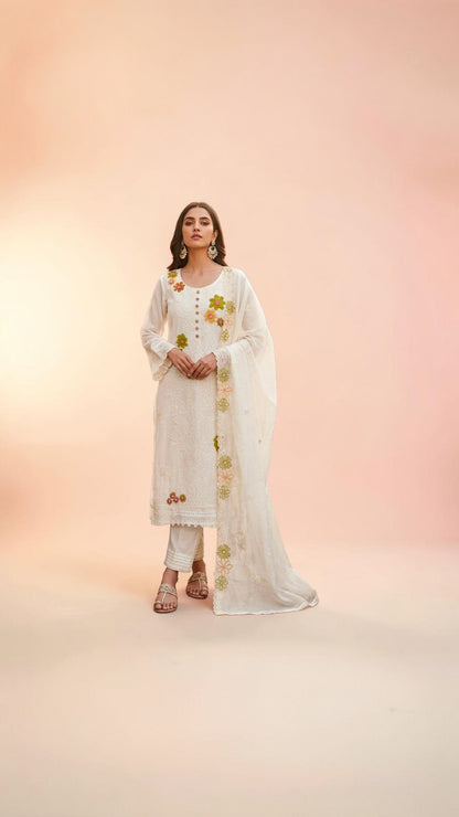 Pure Viscose Embroidered 3-Piece Suit – White Floral Elegance