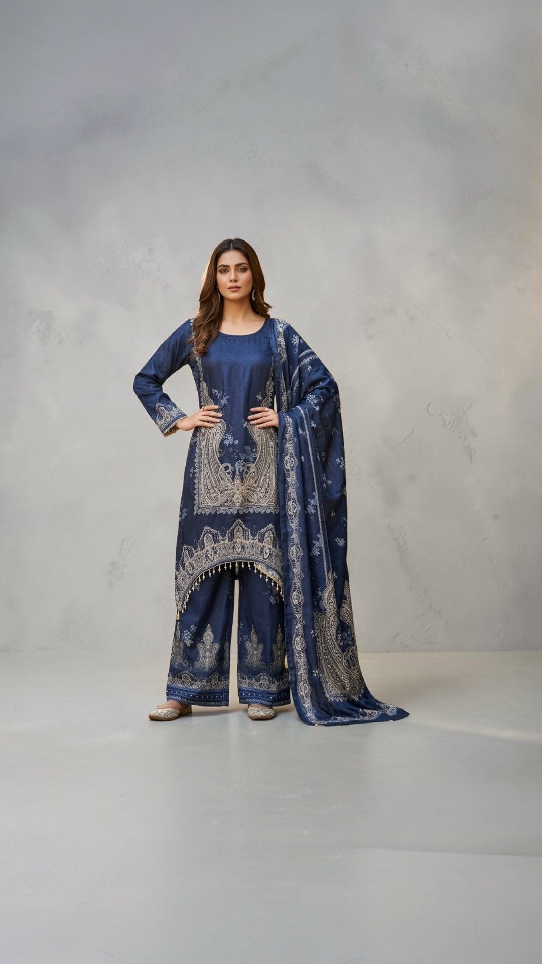 Navy Blue Silk-Nylon A-Line 3-Piece Suit with Mirror Work & Cowrie Shells