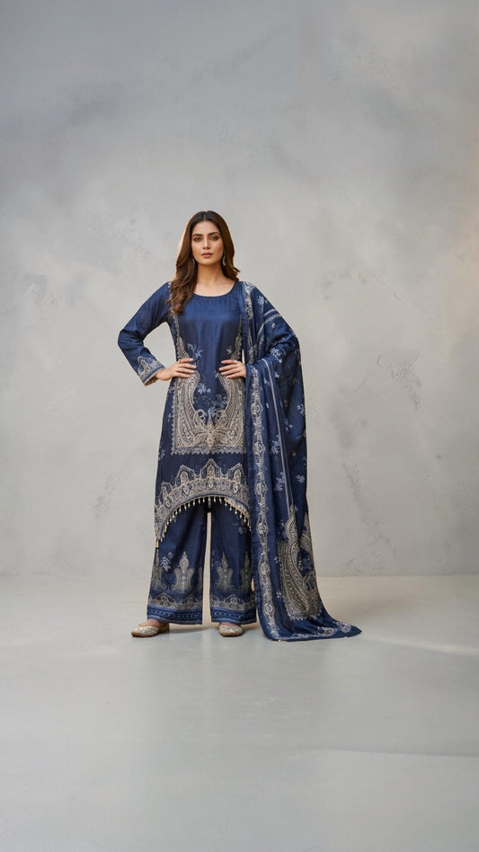 Navy Blue Silk-Nylon A-Line 3-Piece Suit with Mirror Work & Cowrie Shells