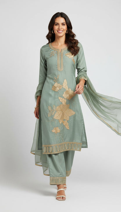 Elegance in Sage: Embroidered Kurta, Palazzo & Dupatta Set