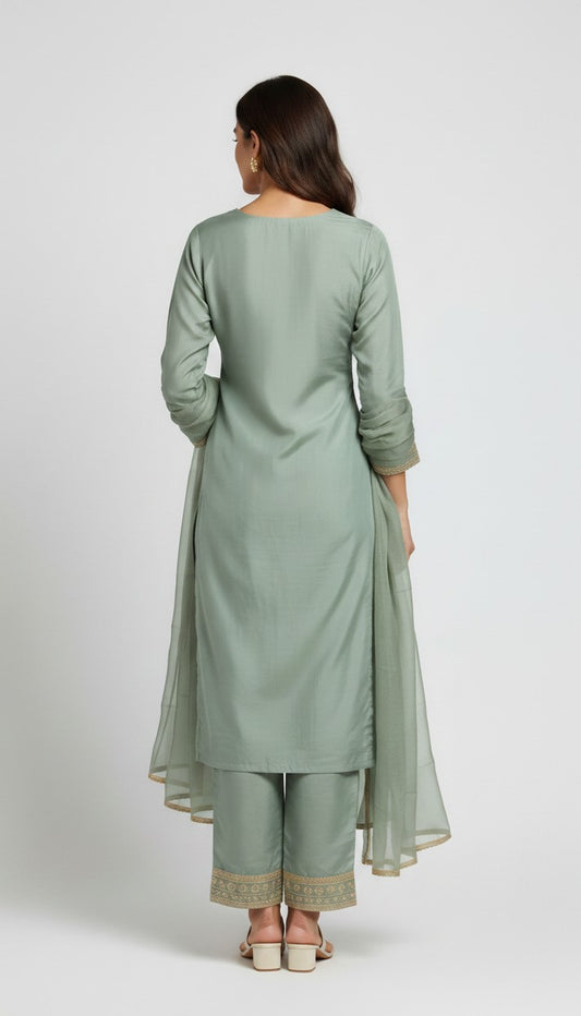 Elegance in Sage: Embroidered Kurta, Palazzo & Dupatta Set