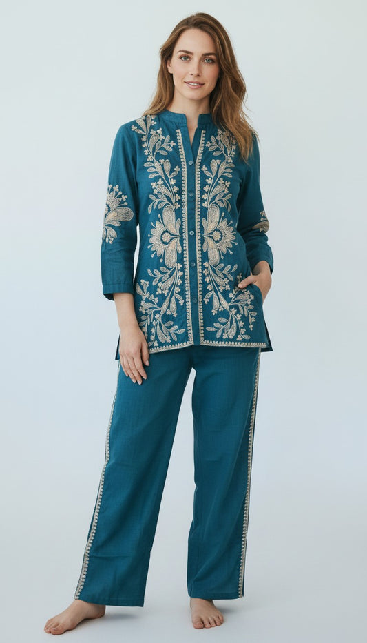 Teal Embroidered Cotton Co-ord Set | Mandarin Collar Tunic & Wide-Leg Pants