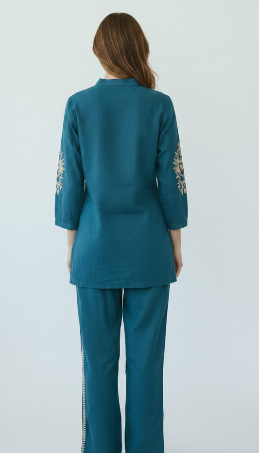 Teal Embroidered Cotton Co-ord Set | Mandarin Collar Tunic & Wide-Leg Pants