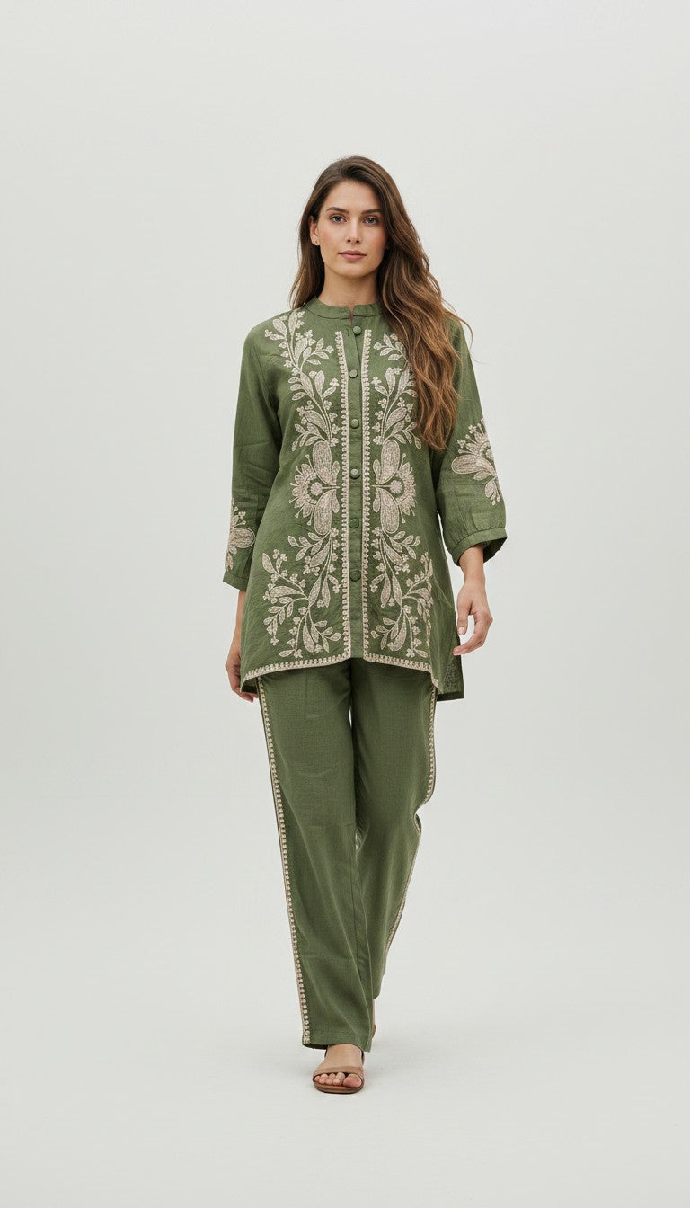 Emerald Green Embroidered Cotton Co-ord Set