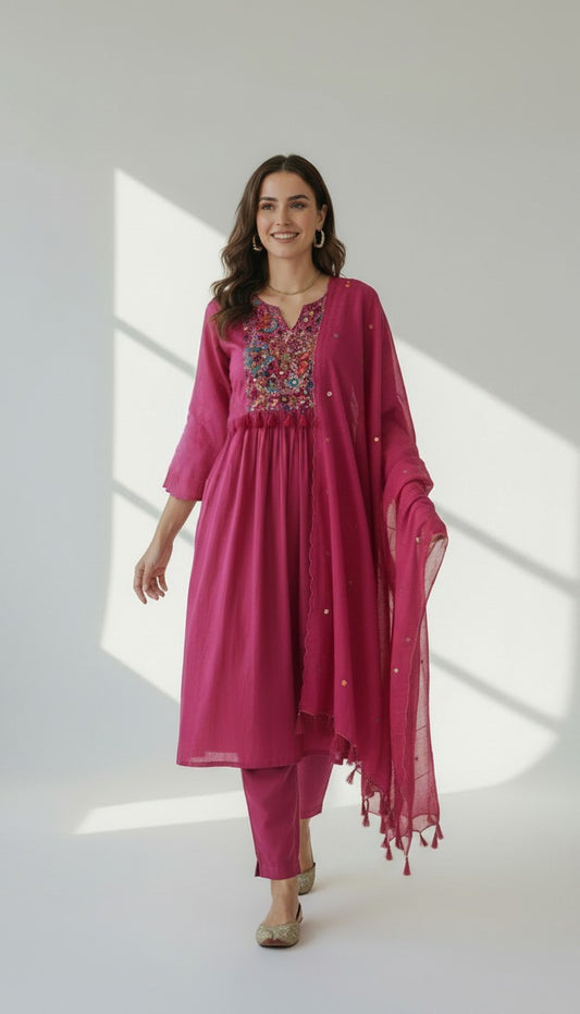 Fuchsia Pink Chinon Embroidered Kurta Set with Dupatta (3-Piece)