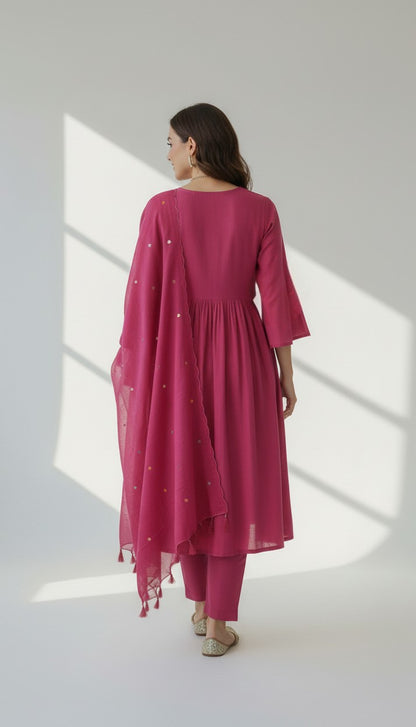 Fuchsia Pink Chinon Embroidered Kurta Set with Dupatta (3-Piece)
