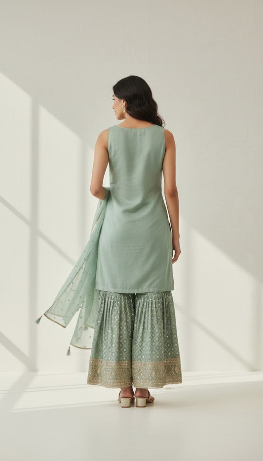 Sage Green Shimmering 3-Piece Gharara Set – Sleeveless Intricately Embroidered Kurti, Flared Pants & Dupatta