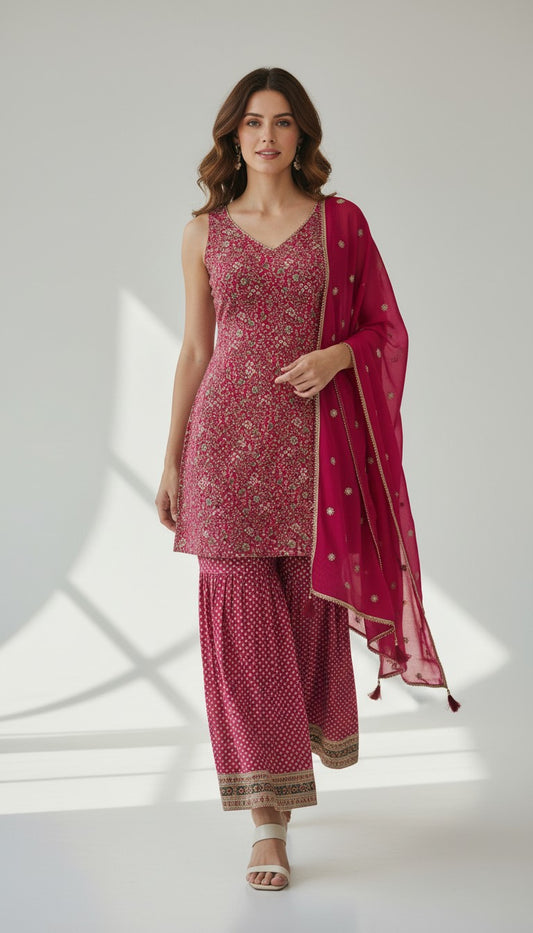 Raspberry Pink 3-Piece Gharara Set – Sleeveless Floral Embroidered Kurti with Matching Gharara & Dupatta