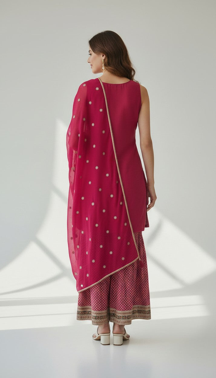 Raspberry Pink 3-Piece Gharara Set – Sleeveless Floral Embroidered Kurti with Matching Gharara & Dupatta
