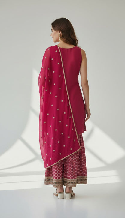 Raspberry Pink 3-Piece Gharara Set – Sleeveless Floral Embroidered Kurti with Matching Gharara & Dupatta