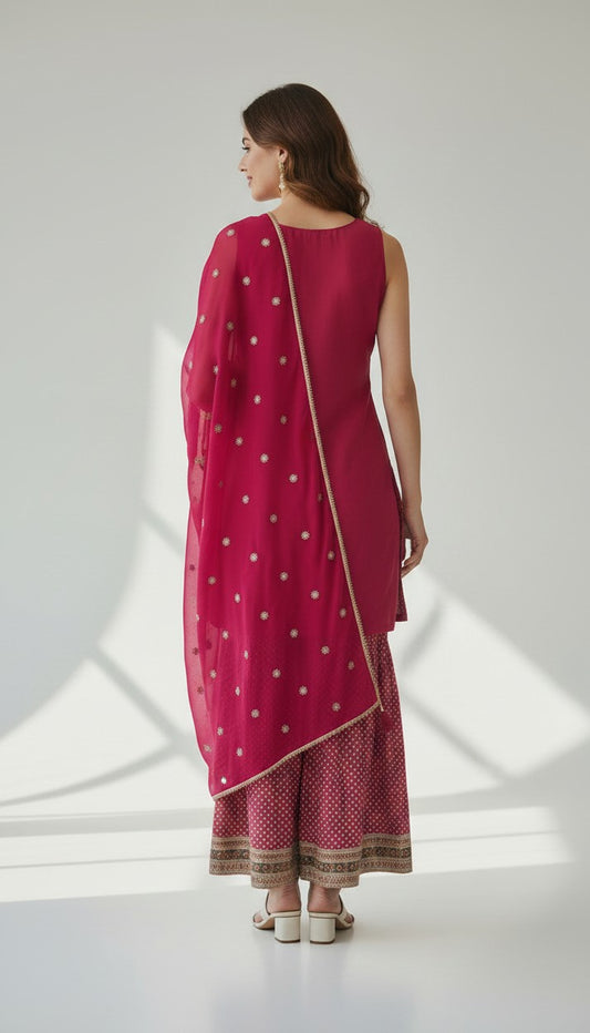 Raspberry Pink 3-Piece Gharara Set – Sleeveless Floral Embroidered Kurti with Matching Gharara & Dupatta