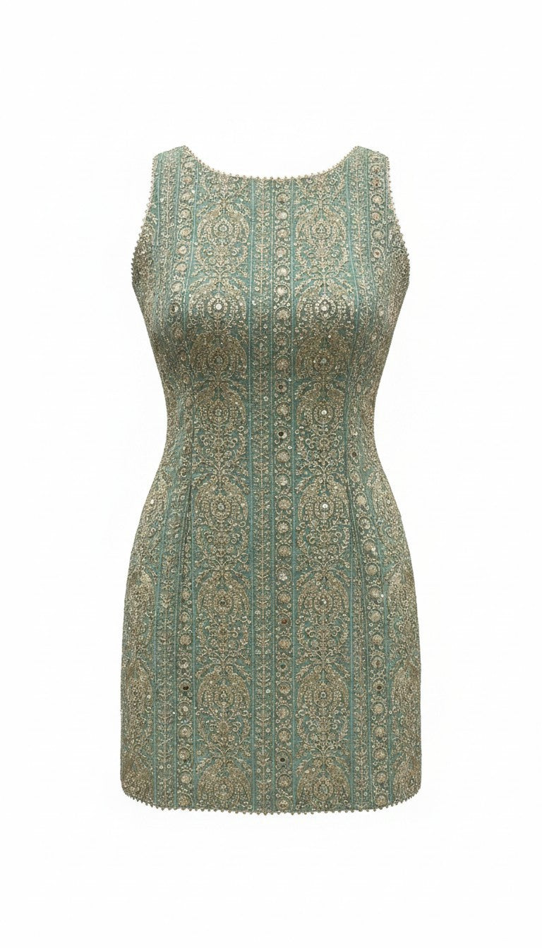 Sage Green Shimmering 3-Piece Gharara Set – Sleeveless Intricately Embroidered Kurti, Flared Pants & Dupatta