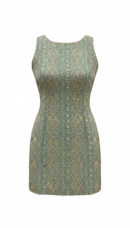Sage Green Shimmering 3-Piece Gharara Set – Sleeveless Intricately Embroidered Kurti, Flared Pants & Dupatta