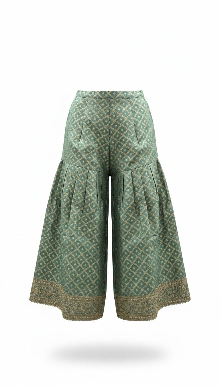 Sage Green Shimmering 3-Piece Gharara Set – Sleeveless Intricately Embroidered Kurti, Flared Pants & Dupatta
