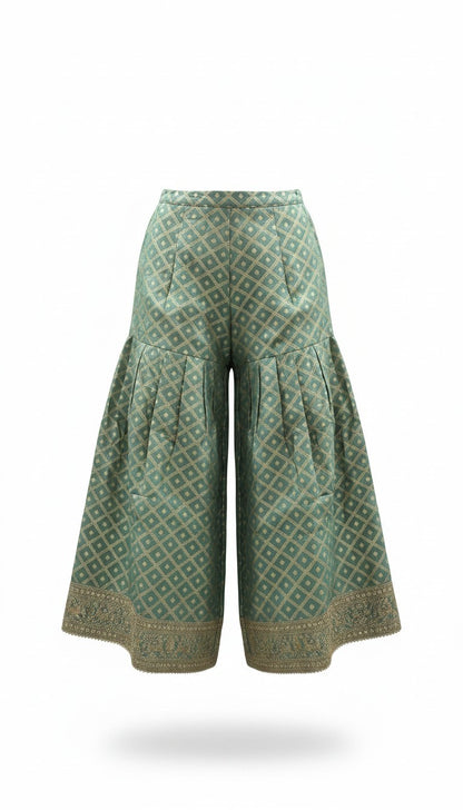 Sage Green Shimmering 3-Piece Gharara Set – Sleeveless Intricately Embroidered Kurti, Flared Pants & Dupatta