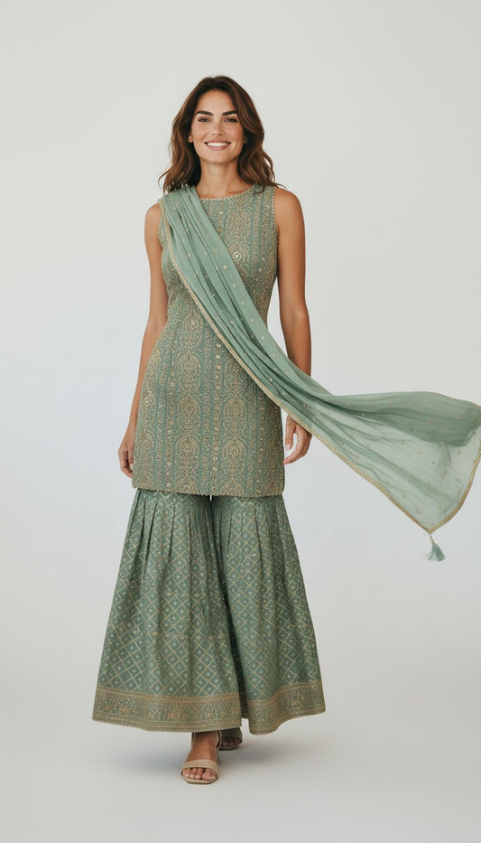 Sage Green Shimmering 3-Piece Gharara Set – Sleeveless Intricately Embroidered Kurti, Flared Pants & Dupatta