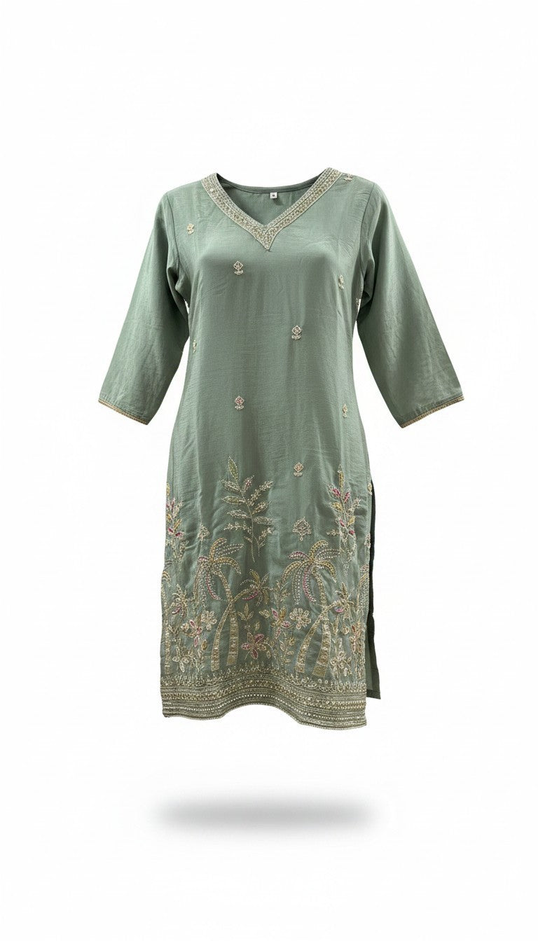 Sage Green Embroidered Kurta Set with Palm Motif